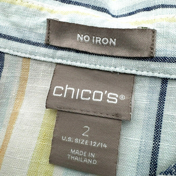 CHICO'S Womens 2 Large Pastel Rainbow Stripe Shirt 100% Linen No Iron 3/4 Sleeve - Picture 4 of 9